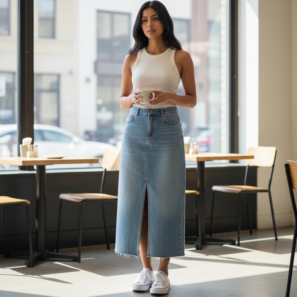 ASOS DESIGN Lightweight Denim Maxi Skirt with Split Front